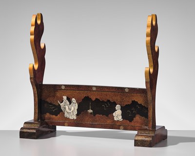 Lot 1130 - A SILVER AND MOTHER-OF-PEARL INLAID LACQUER KATANA KAKE (SWORD STAND) WITH SCHOLARS