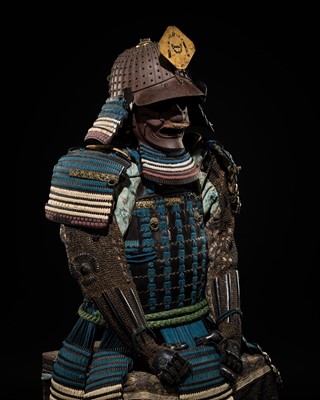 Lot 113 - A NIMAI OKEGAWA DO GUSOKU (TWO-PIECE CUIRASS ARMOR) WITH AN IRON KOBOSHI KABUTO AND RESSEI MENPO