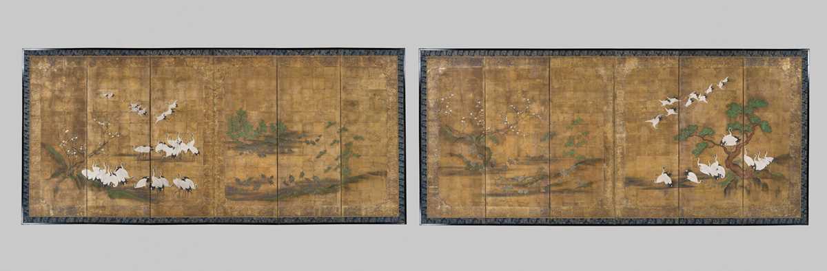 TOSA MITSUYOSHI: A TOSA SCHOOL PAIR OF SIX-PANEL BYOBU (FOLDING SCREEN) DEPICTING CRANES AND TURTLES
