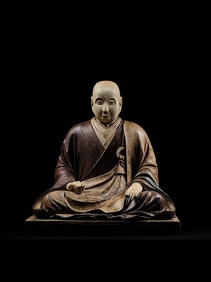 Lot 163 - A LARGE AND EARLY POLYCHROME-LACQUERED WOOD FIGURE OF A PRIEST, KAMAKURA PERIOD, THE DATING CONFIRMED BY A C14 TEST