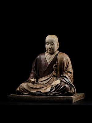 Lot 163 - A LARGE AND EARLY POLYCHROME-LACQUERED WOOD FIGURE OF A PRIEST, KAMAKURA PERIOD, THE DATING CONFIRMED BY A C14 TEST