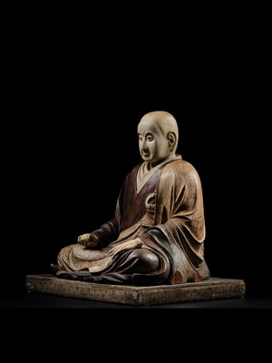 Lot 163 - A LARGE AND EARLY POLYCHROME-LACQUERED WOOD FIGURE OF A PRIEST, KAMAKURA PERIOD, THE DATING CONFIRMED BY A C14 TEST