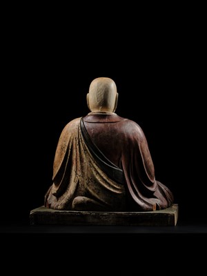 Lot 163 - A LARGE AND EARLY POLYCHROME-LACQUERED WOOD FIGURE OF A PRIEST, KAMAKURA PERIOD, THE DATING CONFIRMED BY A C14 TEST