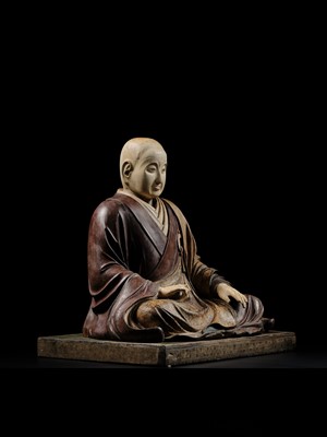 Lot 163 - A LARGE AND EARLY POLYCHROME-LACQUERED WOOD FIGURE OF A PRIEST, KAMAKURA PERIOD, THE DATING CONFIRMED BY A C14 TEST
