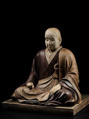Lot 163 - A LARGE AND EARLY POLYCHROME-LACQUERED WOOD FIGURE OF A PRIEST, KAMAKURA PERIOD, THE DATING CONFIRMED BY A C14 TEST