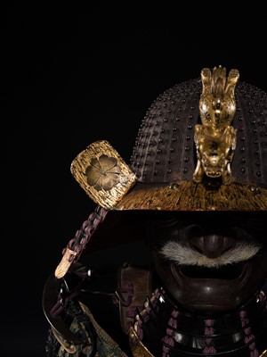 Lot 112 - AN IMPRESSIVE PURPLE LACED KAGA STYLE SUIT OF ARMOR WITH SAKAI CLAN MON AND AN IRON ZABOSHI KABUTO AND MYOCHIN MENPO