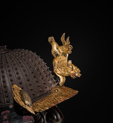 Lot 112 - AN IMPRESSIVE PURPLE LACED KAGA STYLE SUIT OF ARMOR WITH SAKAI CLAN MON AND AN IRON ZABOSHI KABUTO AND MYOCHIN MENPO