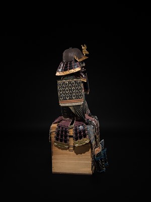 Lot 112 - AN IMPRESSIVE PURPLE LACED KAGA STYLE SUIT OF ARMOR WITH SAKAI CLAN MON AND AN IRON ZABOSHI KABUTO AND MYOCHIN MENPO