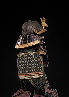 Lot 112 - AN IMPRESSIVE PURPLE LACED KAGA STYLE SUIT OF ARMOR WITH SAKAI CLAN MON AND AN IRON ZABOSHI KABUTO AND MYOCHIN MENPO