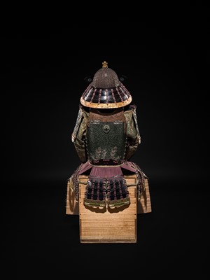 Lot 112 - AN IMPRESSIVE PURPLE LACED KAGA STYLE SUIT OF ARMOR WITH SAKAI CLAN MON AND AN IRON ZABOSHI KABUTO AND MYOCHIN MENPO