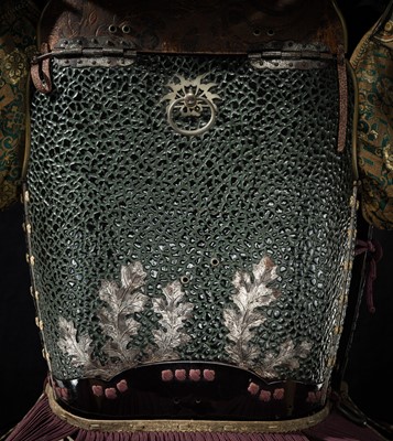 Lot 112 - AN IMPRESSIVE PURPLE LACED KAGA STYLE SUIT OF ARMOR WITH SAKAI CLAN MON AND AN IRON ZABOSHI KABUTO AND MYOCHIN MENPO