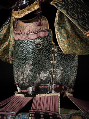 Lot 112 - AN IMPRESSIVE PURPLE LACED KAGA STYLE SUIT OF ARMOR WITH SAKAI CLAN MON AND AN IRON ZABOSHI KABUTO AND MYOCHIN MENPO