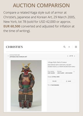 Lot 112 - AN IMPRESSIVE PURPLE LACED KAGA STYLE SUIT OF ARMOR WITH SAKAI CLAN MON AND AN IRON ZABOSHI KABUTO AND MYOCHIN MENPO