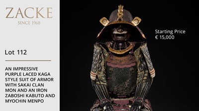 Lot 112 - AN IMPRESSIVE PURPLE LACED KAGA STYLE SUIT OF ARMOR WITH SAKAI CLAN MON AND AN IRON ZABOSHI KABUTO AND MYOCHIN MENPO