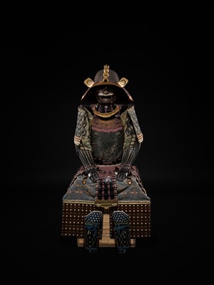 Lot 112 - AN IMPRESSIVE PURPLE LACED KAGA STYLE SUIT OF ARMOR WITH SAKAI CLAN MON AND AN IRON ZABOSHI KABUTO AND MYOCHIN MENPO