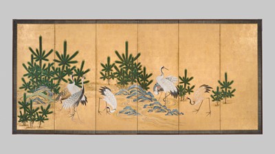 Lot 321 - A FINE SIX-PANEL BYOBU (FOLDING SCREEN) DEPICTING CRANES AND PINE