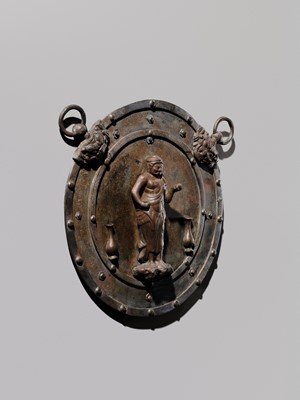 A RARE BRONZE VOTIVE PLAQUE (KAKEBOTOKE) DEPICTING FUDO MYO-O, MUROMACHI PERIOD
