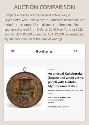 A RARE BRONZE VOTIVE PLAQUE (KAKEBOTOKE) DEPICTING FUDO MYO-O, MUROMACHI PERIOD