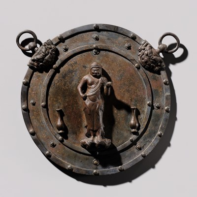 A RARE BRONZE VOTIVE PLAQUE (KAKEBOTOKE) DEPICTING FUDO MYO-O, MUROMACHI PERIOD