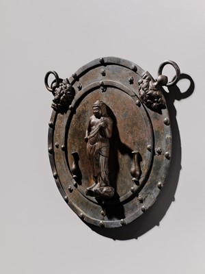 A RARE BRONZE VOTIVE PLAQUE (KAKEBOTOKE) DEPICTING FUDO MYO-O, MUROMACHI PERIOD