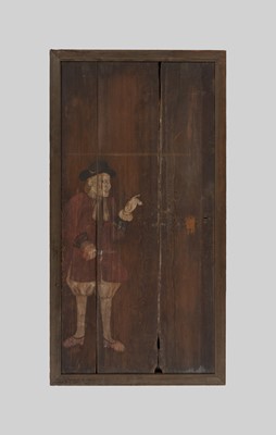 A PAINTED WOOD DOOR DEPICTING A DUTCHMAN