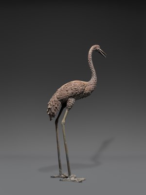 A PAIR OF LARGE BRONZE FIGURES OF CRANES