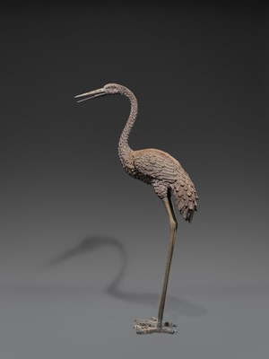 A PAIR OF LARGE BRONZE FIGURES OF CRANES