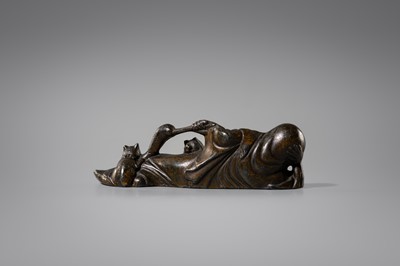 A PATINATED PEWTER OKIMONO OF DARUMA WITH CATS