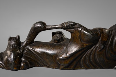 A PATINATED PEWTER OKIMONO OF DARUMA WITH CATS