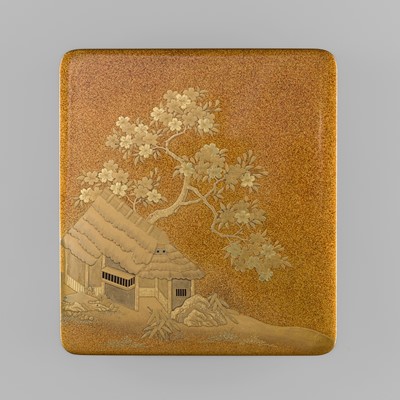 A FINE LACQUER SUZURIBAKO (WRITING BOX) DEPICTING A THATCHED HOUSE UNDER A CHERRY TREE