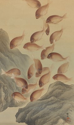 Lot 1353 - SHOIN: A SCROLL PAINTING OF FISH AMONG ROCKS