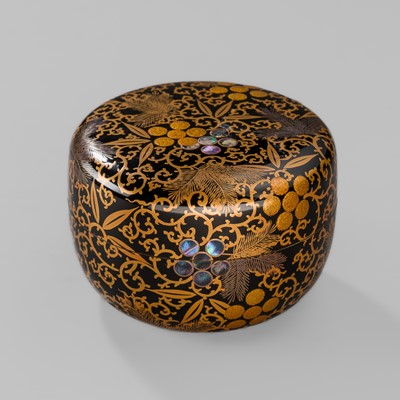 Lot 370 - A FINE LACQUERED NATSUME (TEA CADDY) WITH PINE SAPLINGS AND KARAKUSA VINES
