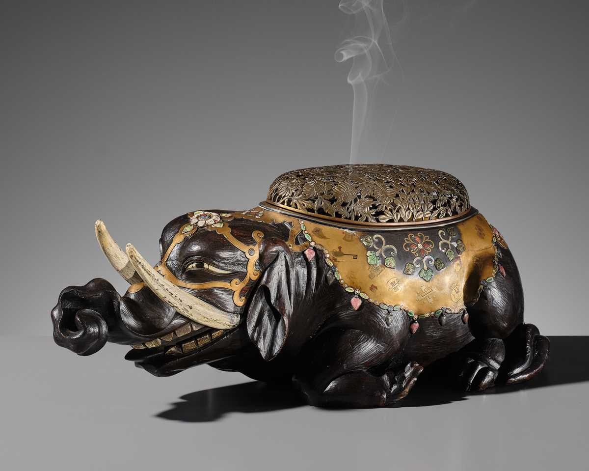 Lot 259 - OGAWA HARITSU: AN IMPORTANT AND LARGE INLAID LACQUER ‘ELEPHANT’ KORO (INCENSE BURNER)