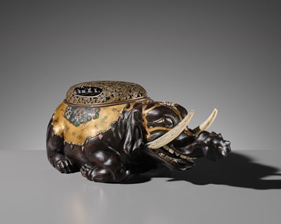 Lot 259 - OGAWA HARITSU: AN IMPORTANT AND LARGE INLAID LACQUER ‘ELEPHANT’ KORO (INCENSE BURNER)