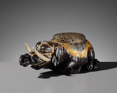 Lot 259 - OGAWA HARITSU: AN IMPORTANT AND LARGE INLAID LACQUER ‘ELEPHANT’ KORO (INCENSE BURNER)