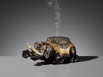 Lot 259 - OGAWA HARITSU: AN IMPORTANT AND LARGE INLAID LACQUER ‘ELEPHANT’ KORO (INCENSE BURNER)