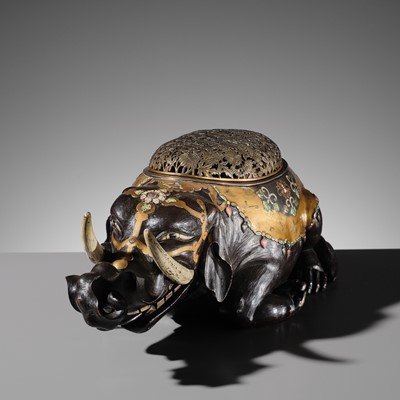 Lot 259 - OGAWA HARITSU: AN IMPORTANT AND LARGE INLAID LACQUER ‘ELEPHANT’ KORO (INCENSE BURNER)