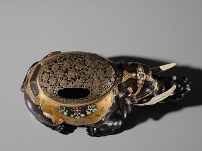 Lot 259 - OGAWA HARITSU: AN IMPORTANT AND LARGE INLAID LACQUER ‘ELEPHANT’ KORO (INCENSE BURNER)