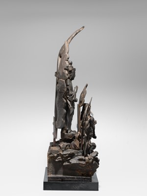 A LACQUERED WOOD FIGURE WITH A TRIAD OF KANNON BOSATSU AND ACOLYTES