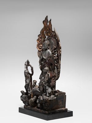A LACQUERED WOOD FIGURE WITH A TRIAD OF KANNON BOSATSU AND ACOLYTES