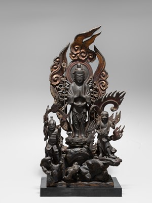 A LACQUERED WOOD FIGURE WITH A TRIAD OF KANNON BOSATSU AND ACOLYTES