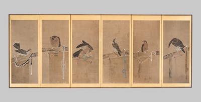 Lot 314 - A FINE SIX-PANEL ‘FALCONRY’ BYOBU (FOLDING SCREEN)