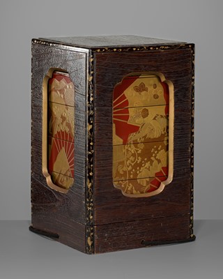 Lot 95 - AN UNUSUAL THREE-TIERED LACQUER JUBAKO (FOOD CONTAINER) WITH FANS