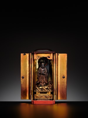 A GILT-LACQUERED WOOD ZUSHI (PORTABLE SHRINE) HOUSING KISHIMOJIN WITH HER CHILD, LATE EDO PERIOD