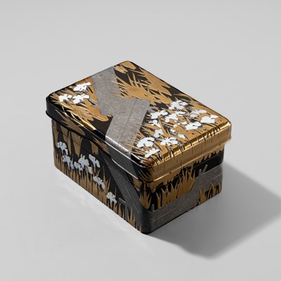 Lot 90 - AN UNUSUAL INLAID RINPA-STYLE TIERED SUZURIBAKO (WRITING BOX) DEPICTING THE IRISES AT YATSUHASHI (EIGHT BRIDGES)