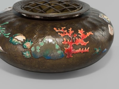Lot 217 - ANDO JUBEI: A LARGE AND SUPERB CLOISONNÉ ENAMEL APPLIED ‘SEA LIFE’ INCENSE BURNER (KORO)