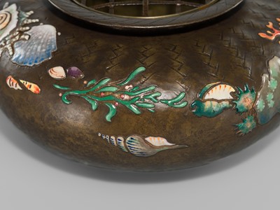 Lot 217 - ANDO JUBEI: A LARGE AND SUPERB CLOISONNÉ ENAMEL APPLIED ‘SEA LIFE’ INCENSE BURNER (KORO)