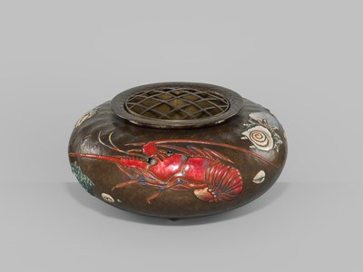 Lot 217 - ANDO JUBEI: A LARGE AND SUPERB CLOISONNÉ ENAMEL APPLIED ‘SEA LIFE’ INCENSE BURNER (KORO)
