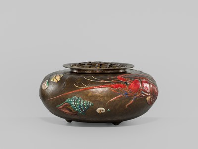 Lot 217 - ANDO JUBEI: A LARGE AND SUPERB CLOISONNÉ ENAMEL APPLIED ‘SEA LIFE’ INCENSE BURNER (KORO)