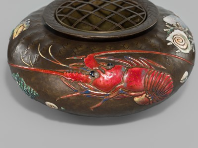Lot 217 - ANDO JUBEI: A LARGE AND SUPERB CLOISONNÉ ENAMEL APPLIED ‘SEA LIFE’ INCENSE BURNER (KORO)